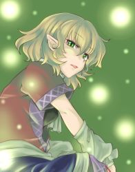 Rule 34 | 1girl, arm warmers, blonde hair, female focus, green eyes, lights, looking at viewer, looking back, mana (gooney), mizuhashi parsee, open mouth, pointy ears, scarf, shirt, sitting, skirt, solo, touhou