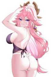 Rule 34 | 1girl, :p, absurdres, animal ears, arm up, armpits, ass, back, backless outfit, bare shoulders, breasts, closed mouth, commentary request, cowboy shot, fox ears, from behind, fundoshi, genshin impact, hair ornament, highres, japanese clothes, large breasts, long hair, looking at viewer, looking back, low-tied long hair, mz (yeye ai chipao mian), pink hair, purple eyes, shoulder blades, sideboob, simple background, smile, solo, thigh gap, tongue, tongue out, very long hair, white background, yae miko