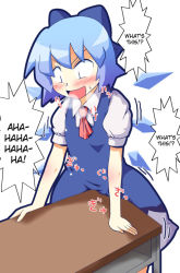 Rule 34 | 1girl, blue hair, blush, bow, cirno, commentary, crotch rub, desk, dress, embodiment of scarlet devil, female focus, female masturbation, flat chest, hair bow, happy sex, hard-translated, heavy breathing, masturbation, necktie, short hair, smile, solo, table humping, third-party edit, touhou, toutouhai, translated, white background, wings