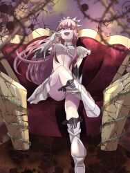 Rule 34 | 1girl, breasts, crossed legs, elbow gloves, fate/grand order, fate (series), figure four sitting, gloves, highres, long hair, looking at viewer, medb (fate), medium breasts, open mouth, pink hair, revealing clothes, sitting, skirt, smile, solo, throne, tiara, white gloves, yellow eyes