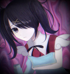 Rule 34 | 1girl, abstract background, ame-chan (needy girl overdose), artist request, black hair, black neckwear, blue shirt, blush, chromatic aberration, frown, hair ornament, hair over one eye, highres, holding clothes, holding shirt, long hair, long sleeves, looking at viewer, neck ribbon, needy girl overdose, noise, pillow, purple background, purple eyes, red shirt, ribbon, shirt, sleeveless, sleeveless shirt, suspenders, twintails, x hair ornament