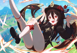 Rule 34 | 1girl, absurdres, black hat, black shorts, blue sky, brown hair, chinese clothes, day, falling, genshin impact, hat, highres, hu tao (genshin impact), legs, legs up, long sleeves, open mouth, red eyes, river, scenery, short shorts, shorts, sky, smile, socks, solo, subu art, thighs, tree, twintails