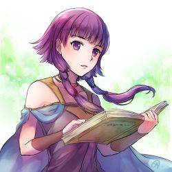 Rule 34 | 1girl, book, cape, fire emblem, fire emblem: the sacred stones, holding, holding book, jewelry, long hair, low twintails, lute (fire emblem), necklace, nintendo, open book, parted lips, purple eyes, purple hair, sleeveless, solo, tarayuki, twintails, upper body