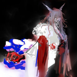 Rule 34 | 1girl, black background, cerevevisiae, colored skin, cone horns, cowboy shot, fur collar, grey horns, hair between eyes, highres, horns, ibaraki douji (touhou), japanese clothes, kimono, long bangs, long hair, looking at viewer, open mouth, pink eyes, pink hair, pointy ears, red skin, sharp teeth, smile, solo, teeth, touhou, white kimono, wide sleeves