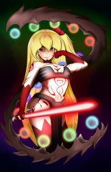 Rule 34 | 1girl, aged up, alternate costume, armor, bikini armor, blonde hair, boots, breasts, corruption, curvy, darth talon, energy sword, flandre scarlet, full-body tattoo, gloves, highres, hip focus, large breasts, lightsaber, loincloth, nanostar, red eyes, side ponytail, sith, smile, solo, star wars, star wars: legacy, sword, tattoo, thigh boots, thighhighs, touhou, weapon, wings