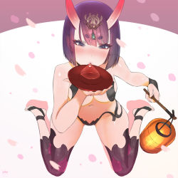 Rule 34 | 1girl, alcohol, alternate breast size, blunt bangs, blush, breasts, covered erect nipples, cup, drinking, fate/grand order, fate (series), feet, forehead jewel, from above, full body, horns, lantern, medium breasts, navel, no shoes, nose blush, oni, petals, pink crown, purple eyes, purple hair, revealing clothes, sakazuki, sake, short eyebrows, short hair, shuten douji (fate), sitting, solo, toes, wariza