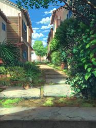 Rule 34 | blue sky, building, cloud, cloudy sky, day, drainpipe, garden, grass, highres, house, leaf, no humans, original, outdoors, pavement, pippi (pixiv 1922055), plant, potted plant, scenery, sky, sunlight, tree, window