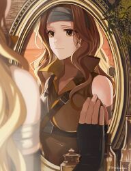 Rule 34 | 1girl, absurdres, black gloves, blonde hair, brigid (fire emblem), brown eyes, closed mouth, commission, commissioner upload, eyvel, fingerless gloves, fire emblem, fire emblem: genealogy of the holy war, gloves, headband, highres, iro saki, long hair, looking at mirror, mirror, muneate, nintendo, non-web source, reflection, skeb commission, smile, solo, wavy hair