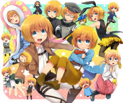 Rule 34 | 1boy, :o, ^ ^, aged down, alternate costume, animal ears, armin arlert, armor, belt, bespectacled, black legwear, blanket, blonde hair, blush, book, boots, buckle, cape, chibi, cloak, closed eyes, coat, cosplay, crossdressing, crying, fake animal ears, fur coat, glasses, gloves, hat, high heels, historia reiss (cosplay), jacket, krista lenz, long hair, long sleeves, marimo danshaku, military, military uniform, multiple persona, outstretched arms, pajamas, pantyhose, pointing, rabbit ears, rabbit tail, shingeki no kyojin, short hair, skirt, smile, spread arms, star (symbol), tail, tears, thigh strap, triangle mouth, uniform, usamin, vest, wavy mouth