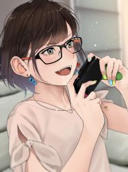 Rule 34 | 1girl, :d, black-framed eyewear, blurry, blurry background, blush, brown eyes, brown hair, controller, couch, glasses, highres, holding, holding controller, indoors, jewelry, nail polish, necklace, open mouth, original, saitou (lynx-shrike), shirt, short hair, short sleeves, sitting, smile, solo, white shirt