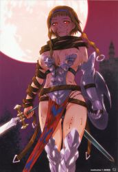 Rule 34 | 1girl, absurdres, armor, belt, blonde hair, blood, braid, breasts, buckle, cameltoe, cleavage, curvy, exiled warrior leina, glowing, hairband, highres, large breasts, legs, leina (queen&#039;s blade), leina (queen's blade), loincloth, long hair, moon, night, night sky, official art, panties, queen&#039;s blade, red eyes, shield, short hair with long locks, side braid, sky, solo, strap, sword, thigh gap, thighs, thong, tsukino jougi, twin braids, twintails, underwear, weapon, wide hips