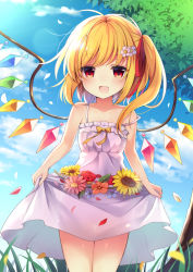 Rule 34 | 1girl, :d, alternate costume, bare arms, bare shoulders, blonde hair, blue sky, blush, breasts, cloud, collarbone, commentary request, cowboy shot, crystal, day, dress, flandre scarlet, flower, frilled dress, frills, grass, hair flower, hair ornament, hair ribbon, lens flare, looking at viewer, no headwear, open mouth, orange flower, outdoors, petals, pink flower, red eyes, red flower, red ribbon, red rose, ribbon, rose, rose petals, ruhika, see-through silhouette, skirt hold, sky, small breasts, smile, solo, standing, strap slip, sunflower, thighs, touhou, tree, white dress, white flower, wings