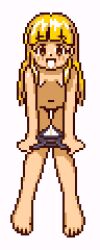 Rule 34 | 1girl, barefoot, black one-piece swimsuit, black school swimsuit, blonde hair, blush, brown eyes, clothes pull, flat chest, grin, highres, kayama licca, leaning forward, long hair, looking at viewer, navel, nipples, nude, one-piece swimsuit, one-piece swimsuit pull, pee stain, pixel art, saiwai hiroshi, school swimsuit, smile, standing, super doll licca-chan, swimsuit, teeth, undressing, white background