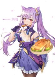 Rule 34 | 1girl, bare shoulders, breasts, brown pantyhose, character name, chicken (food), cleavage, cone hair bun, cowboy shot, detached sleeves, dress, eating, food, genshin impact, gloves, hair bun, hair ornament, highres, holding, holding food, keqing (genshin impact), long hair, looking at viewer, pantyhose, piyo (pixiv 2308057), plate, purple dress, purple gloves, purple hair, red eyes, see-through, sidelocks, simple background, small breasts, solo, standing, twintails, white background