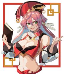 Rule 34 | 1girl, alternate breast size, bare shoulders, black bra, book, border, bra, breasts, cleavage, collarbone, crop top, detached collar, detached sleeves, genshin impact, green eyes, hair between eyes, hat, highres, holding, holding book, index finger raised, large breasts, long hair, midriff, moppo, multicolored hair, navel, open mouth, pink hair, red border, red hat, smile, solo, two-tone hair, underwear, upper body, white background, white hair, yanfei (genshin impact)