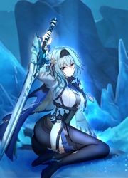 Rule 34 | 1girl, absurdres, arm up, ass, black footwear, black hairband, black shorts, blue hair, blue necktie, boots, breasts, commentary, eula (genshin impact), genshin impact, hair ornament, hairband, hehe, highres, holding, holding sword, holding weapon, large breasts, looking at viewer, medium hair, necktie, revision, shorts, sitting, snow-tombed starsilver (genshin impact), solo, sword, thigh boots, weapon, wide sleeves, yellow eyes