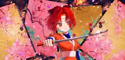 Rule 34 | 1girl, arima kana, blood, bloody weapon, bob cut, cherry blossoms, closed mouth, highres, holding, holding sword, holding weapon, horns, inverted bob, looking at viewer, ninja, oshi no ko, red eyes, red hair, short hair, smile, solo, sword, tokyo blade (oshi no ko), tsurugi (tokyo blade), weapon, xiang yu pai