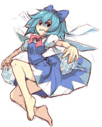 Rule 34 | 1girl, barefoot, blue hair, bow, cirno, embodiment of scarlet devil, feet, female focus, full body, hair bow, ice, lowres, simple background, sketch, solo, tima, touhou, wings