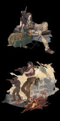 1boy 1girl absurdres aircraft arena_breakout assault_rifle baklava barbed_wire black_shirt brown_hair camouflage camouflage_pants chair fire folding_chair glasses gun handgun hecate_(arena_breakout) helicopter helmet highres holding holding_gun holding_weapon holster load_bearing_vest multiple_views night_vision_device on_chair over_shoulder pants rifle sandbag scarf shirt sig_mcx sig_sauer sitting smoke smoke_grenade solo_focus suppressor thigh_holster torn_clothes torn_scarf unworn_headwear unworn_helmet weapon weapon_over_shoulder yitiao_er-hua