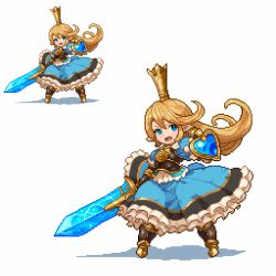 Rule 34 | 10s, 1girl, armor, armored boots, blonde hair, blue dress, blue eyes, boots, breastplate, charlotta (granblue fantasy), crown, dress, frilled dress, frills, gauntlets, granblue fantasy, harvin, harvin, holding, holding sword, holding weapon, long hair, open mouth, pointy ears, shield, shirosu, simple background, solo, standing, sword, weapon, white background