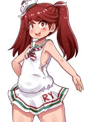 Rule 34 | 1girl, arm behind back, armpits, bad id, bad pixiv id, belly, blush, cosplay, dress, eyebrows, flat chest, kantai collection, libeccio (kancolle), libeccio (kancolle) (cosplay), plump, red eyes, red hair, ryuujou (kancolle), sailor dress, skirt, solo, thick thighs, thighs, twintails, wavy mouth, yukinojou yakan