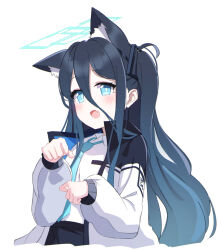 Rule 34 | 1girl, absurdly long hair, animal ear fluff, animal ears, aqua halo, aris (blue archive), black hair, black skirt, blue archive, blue eyes, blue halo, blue necktie, blush, cat ears, collared shirt, extra ears, fang, foulo paints, halo, highres, jacket, long hair, long sleeves, looking at viewer, necktie, open clothes, open jacket, open mouth, ringed eyes, shirt, simple background, skin fang, skirt, smile, solo, upper body, very long hair, white background, white jacket, white shirt