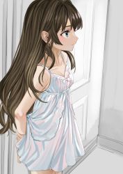 Rule 34 | 1girl, arm behind back, arm grab, bare arms, bare shoulders, blue eyes, breasts, brown hair, closed mouth, collarbone, commentary, door, dress, elisia valfelto, eyebrows hidden by hair, hair between eyes, hair intakes, highres, indoors, long hair, looking away, luicent, original, photo-referenced, sleeveless, sleeveless dress, small breasts, solo, standing, very long hair, white dress