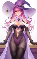 Rule 34 | 1girl, black gloves, black pantyhose, black sleeves, breasts, cape, cleavage, closed mouth, clothing cutout, cowboy shot, detached sleeves, earrings, floating hair, glasses, gloves, hair between eyes, hat, highres, jewelry, large breasts, leotard, long hair, long sleeves, looking at viewer, milcho, navel, original, pantyhose, pink eyes, pink hair, purple hat, purple leotard, rimless eyewear, smile, solo, standing, stomach cutout, very long hair, white background, white cape, witch, witch hat