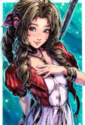 Rule 34 | 1girl, aerith gainsborough, blue background, border, bracelet, brown hair, choker, closed mouth, cropped jacket, dress, final fantasy, final fantasy vii, final fantasy vii remake, green eyes, hair ribbon, hand on own chest, highres, holding, holding polearm, holding weapon, jacket, jewelry, long hair, necklace, open clothes, open jacket, outside border, pink dress, pink ribbon, polearm, polearm behind back, puffy short sleeves, puffy sleeves, ribbon, short sleeves, smile, solo, weapon, white border, xriviia