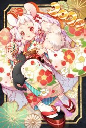 Rule 34 | 1girl, 2020, animal ears, ball, blunt ends, bow, chinese zodiac, floral print, full body, hair bow, japanese clothes, kimono, long hair, maru-kichi, mouse (animal), mouse ears, nengajou, new year, original, print kimono, red bow, sandals, sitting, very long hair, white hair, white legwear, wide sleeves, year of the rat