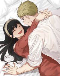 Rule 34 | 1boy, 1girl, absurdres, black hair, blonde hair, blue eyes, blush, closed eyes, closed mouth, commentary, hairband, hands on another&#039;s neck, haoho, hetero, highres, interlocked fingers, long hair, looking at another, lying, on bed, open mouth, red sweater, shirt, short hair, sleeves rolled up, smile, spy x family, sweater, twilight (spy x family), white hairband, white shirt, yor briar