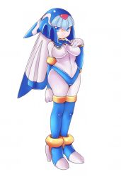 Rule 34 | 1girl, bad id, bad tumblr id, blue eyes, blue hair, blue thighhighs, bodysuit, boots, breasts, colorized, helmet, large breasts, fairy leviathan (mega man), long hair, matching hair/eyes, mato spectoru, mega man (series), mega man zero (series), multicolored hair, robot, skin tight, solo, thigh boots, thighhighs, two-tone hair, white hair