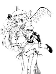 Rule 34 | 2girls, ascot, bent over, beret, blush, bow, braid, grabbing another&#039;s breast, breasts, carrying, chinese clothes, dress, closed eyes, female focus, flandre scarlet, grabbing, greyscale, groping, hat, hong meiling, kaname-y, large breasts, long hair, mary janes, monochrome, multiple girls, open mouth, piggyback, shoes, short hair, side ponytail, side slit, skirt, skirt set, socks, embodiment of scarlet devil, touhou, twin braids, wings, yamanashi kaname