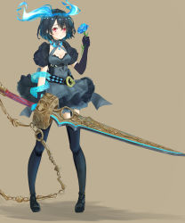 Rule 34 | 1girl, alice (sinoalice), asymmetrical gloves, bad id, bad pixiv id, black footwear, blue dress, blue flower, blue gloves, blue hair, blue legwear, blue rose, breasts, brown background, cleavage, closed mouth, dress, flower, full body, gloves, hair between eyes, headband, highres, holding, holding flower, holding sword, holding weapon, looking at viewer, mayu-mayu1026, red eyes, rose, shoes, short hair, short sleeves, simple background, sinoalice, solo, sword, uneven gloves, weapon