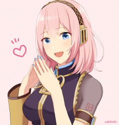 Rule 34 | 1girl, :d, alternate hair length, alternate hairstyle, arm warmers, armband, artist name, black shirt, blouse, blue eyes, blue nails, gold trim, headphones, heart, looking at viewer, megurine luka, nail polish, nokuhashi, number tattoo, open mouth, own hands together, pink background, pink hair, polka dot, polka dot background, see-through, see-through sleeves, shirt, short hair, short sleeves, shoulder tattoo, sleeveless, sleeveless shirt, smile, solo, steepled fingers, tattoo, upper body, vocaloid