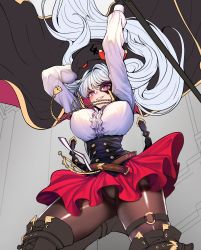 Rule 34 | 1girl, breasts, bustier, cape, falling, grey hair, grin, guardian tales, hat, highres, large breasts, long hair, monocle, mopqrkdnl1, pantyhose, pink eyes, red skirt, signature, simple background, skirt, smile, trickster lucy
