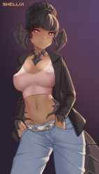 Rule 34 | 1girl, artist name, au ra, warrior of light (ff14), belt, black hair, black jacket, blunt bangs, braid, breasts, collarbone, commentary, commission, covered erect nipples, cowboy shot, crop top, denim, dragon girl, dragon horns, dragon tail, final fantasy, final fantasy xiv, gradient background, hair up, hands in pockets, highres, horns, jacket, jeans, large breasts, long sleeves, looking at viewer, midriff, navel, open clothes, open jacket, pants, purple eyes, shellvi, simple background, smile, solo, stomach, tail