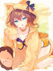 Rule 34 | 1girl, ahoge, all fours, animal ears, animal hood, blue eyes, blush, bra, breasts, brown hair, cat ears, claw pose, collar, collarbone, commentary request, commission, dolphin shorts, fang, hair between eyes, highres, hololive, hood, hood up, hooded jacket, jacket, komomo (2899), long sleeves, looking at viewer, natsuiro matsuri, open clothes, open jacket, open mouth, orange shorts, short shorts, shorts, side ponytail, signature, skeb commission, sleeves past wrists, solo, tail, translation request, underwear, virtual youtuber
