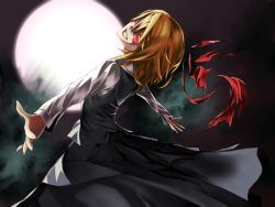 Rule 34 | 1girl, blonde hair, broken, embodiment of scarlet devil, ex-rumia, female focus, full moon, grin, moon, open mouth, outstretched arms, red eyes, ribbon, rumia, seal (animal), shirt, short hair, skirt, skirt set, smile, solo, something-4570, spread arms, touhou, vest