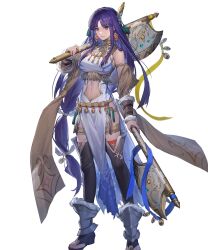 Rule 34 | 1girl, akka, altina (fire emblem), altina (unrivaled dawn) (fire emblem), axe, bare shoulders, breasts, clothing cutout, dual wielding, earrings, fire emblem, fire emblem: radiant dawn, fire emblem heroes, hair tie, highres, holding, holding axe, jewelry, large breasts, long hair, looking at viewer, navel, navel cutout, nintendo, non-web source, official alternate costume, official art, pelvic curtain, purple eyes, purple hair, smile, solo, tachi-e, very long hair