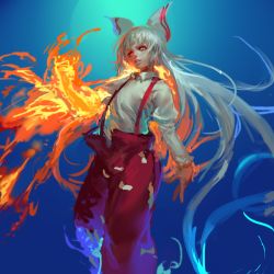 Rule 34 | 1girl, absurdly long hair, baggy pants, blue background, blue fire, bow, burning, clenched hand, collared shirt, feet out of frame, fire, fire, flaming hand, floating hair, fujiwara no mokou, glowing, glowing eyes, hair bow, hand up, inishie kumo, juliet sleeves, lips, long hair, long sleeves, pants, parted lips, puffy sleeves, red bow, red eyes, red pants, shirt, sidelocks, solo, suspenders, touhou, two-tone bow, very long hair, white bow, white hair, white shirt, wing collar