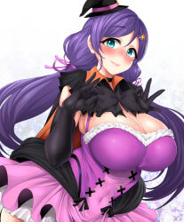 Rule 34 | 1girl, absurdres, black bow, black bowtie, black gloves, black hat, black ribbon, blue eyes, blush, bow, bowtie, breasts, cleavage, closed mouth, covered navel, dancing stars on me!, dress, elbow gloves, gloves, hair ornament, hair ribbon, hands up, hat, highres, huge breasts, katsura harufumi, long hair, looking at viewer, love live!, purple dress, purple hair, purple ribbon, ribbon, solo, star (symbol), star hair ornament, tojo nozomi, twintails, witch hat
