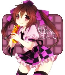 Rule 34 | 1girl, :q, amaya enaka, bad id, bad pixiv id, brown eyes, brown hair, cellphone, checkered clothes, checkered skirt, female focus, hat, himekaidou hatate, necktie, phone, pink eyes, short hair, skirt, solo, tentani, thighhighs, thighs, tokin hat, tongue, tongue out, touhou, twintails, zettai ryouiki