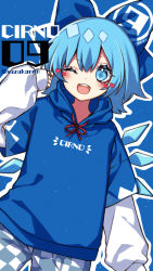 Rule 34 | 1girl, :d, alternate costume, blue background, blue bow, blue eyes, blue hair, blue hoodie, blue legwear, bow, character name, checkered clothes, checkered legwear, circled 9, cirno, clothes writing, contemporary, diamond-shaped pupils, diamond (shape), hair bow, heart, highres, hood, hoodie, ice, ice wings, kyouda suzuka, long sleeves, looking at viewer, multicolored clothes, multicolored legwear, one eye closed, open mouth, outline, red ribbon, ribbon, short hair, simple background, smile, solo, standing, sweater, symbol-shaped pupils, teeth, touhou, twitter username, upper teeth only, white legwear, white outline, white sweater, wide sleeves, wings