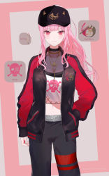 Rule 34 | 1girl, baseball cap, black hat, black pants, blush, breasts, cleavage, crop top, earrings, hand in pocket, hat, highres, hololive, hololive english, jacket, jewelry, long hair, looking at viewer, mori calliope, mori calliope (streetwear), nail polish, navel, necklace, official alternate costume, official art, open hand, pants, pink eyes, pink hair, ponytail, red jacket, red nails, see-through, see-through cleavage, skull and crossbones, smile, solo, sweatpants, virtual youtuber, yukisame