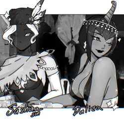 Rule 34 | 2girls, black dahlia, black lips, breast envy, breasts, cape, circlet, cleavage, dark-skinned female, dark skin, earrings, elbow gloves, eliza (skullgirls), feather hair ornament, fur hat, gloves, greyscale, hair ornament, hat, highres, jewelry, large breasts, looking at another, looking to the side, meme, monochrome, multiple girls, one eye closed, photo-referenced, pillbox hat, skullgirls, smile, sparkle, sunsunsunsun311, table, tiara, upper body, veil, white hair, wink