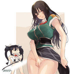 Rule 34 | 2girls, black hair, blush stickers, breasts, brown eyes, buttons, chikuma (kancolle), closed eyes, closed mouth, clothing aside, covering crotch, covering privates, fuwafuwatoufu, green jacket, groin, hair between eyes, hair ribbon, highres, jacket, kantai collection, large breasts, light censor, long hair, multiple girls, pelvic curtain, pelvic curtain aside, ribbon, short sleeves, smile, tone (kancolle), twintails, twitter username, very long hair, white ribbon