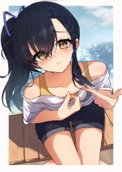 Rule 34 | 1girl, black hair, blurry, blurry background, blush, bra strap, breasts, collarbone, framed, hair between eyes, hair ribbon, hand on own chest, highres, knees together feet apart, kootee-on, legs, lens flare, long hair, looking at viewer, narumi tsubame, new game!, ocean, polka dot, polka dot shorts, ribbon, shorts, side ponytail, sitting, small breasts, sollo, sweat, yellow eyes