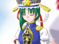 Rule 34 | 1girl, closed eyes, female focus, gradient background, green hair, hat, rod of remorse, shiki eiki, short hair, smile, solo, supon, touhou, white background