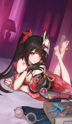 Rule 34 | 1girl, barefoot, black hair, butterfly-shaped pupils, feet, glasses, highres, honkai: star rail, honkai (series), le (huanglongen), light smile, long hair, looking at viewer, lying, on stomach, pink eyes, round eyewear, soles, sparkle (honkai: star rail), symbol-shaped pupils, the pose, toes, twintails